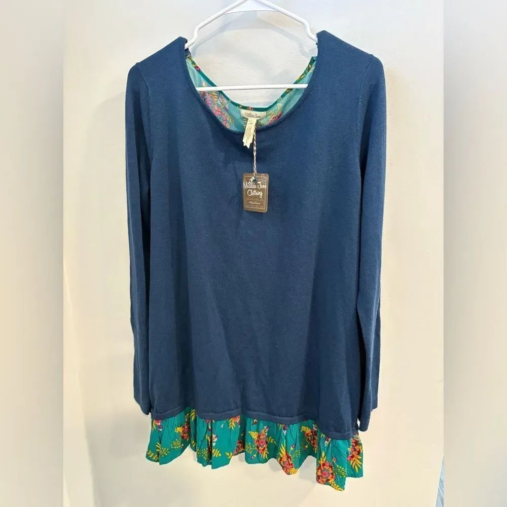 Matilda Jane Navy Long Sleeve Top with Floral Hem